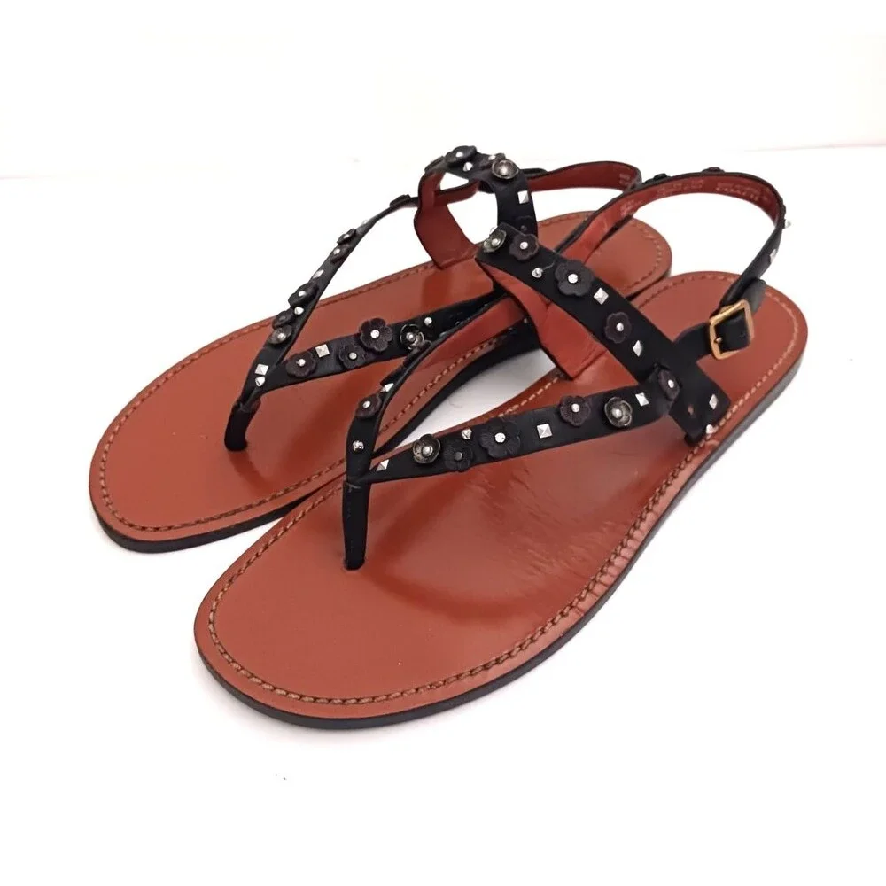 Coach Tea Rose Blk Leather Thong Sandals w Ankle Strap Floral Stud Trim US 10M